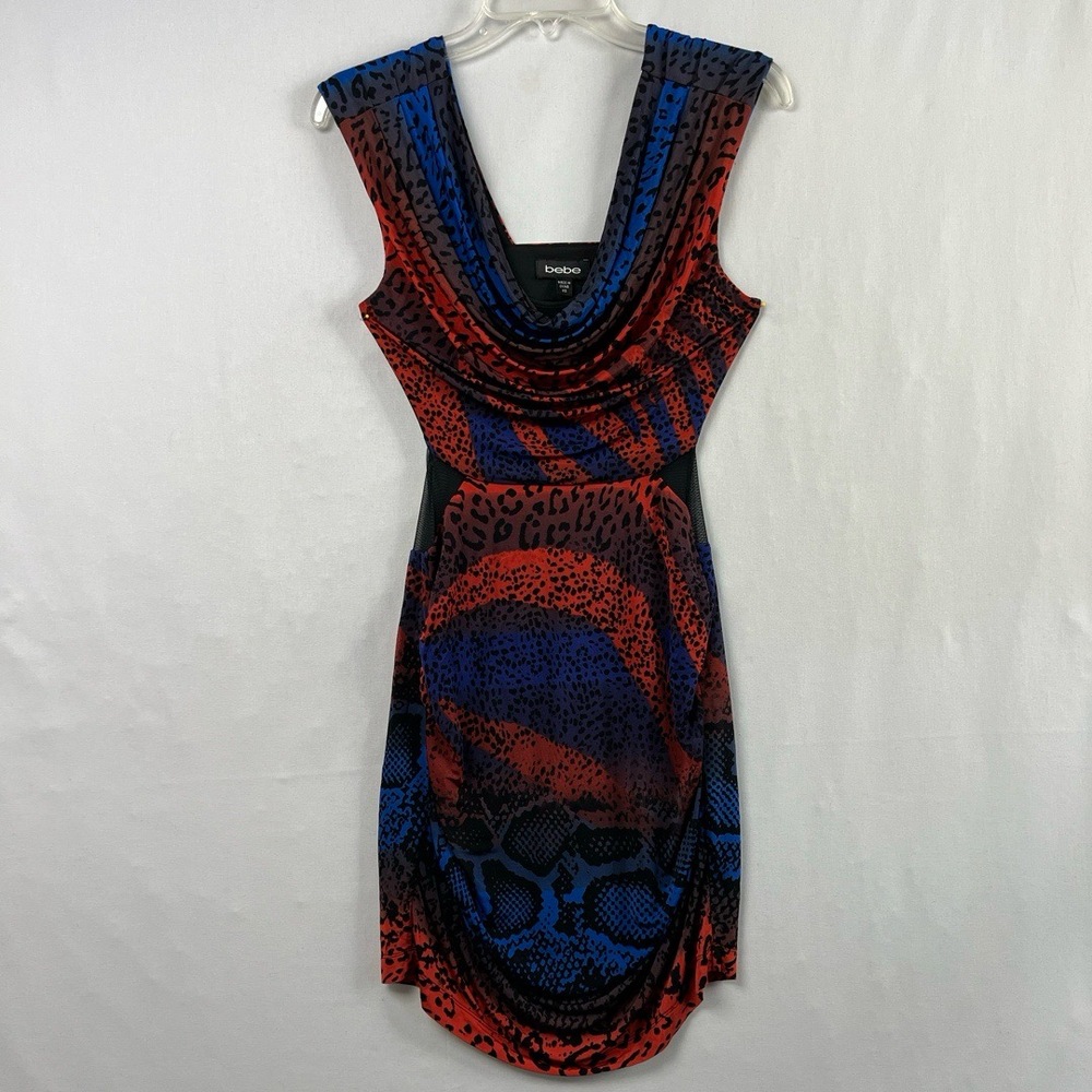 Bebe Dress Womens XS Bodycon Cowl Neck Red Animal Print Sexy Feminine